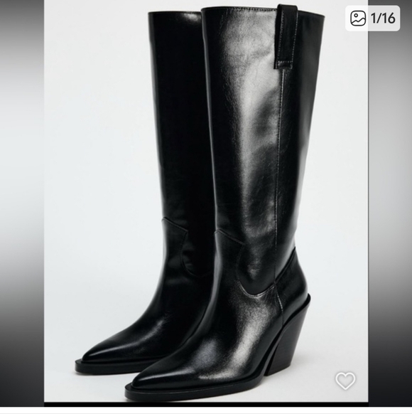 Zara Shoes - 270$ Zara Black Squard Toe Cowbow Heels Knee Reall Leather Made In Spain Boots